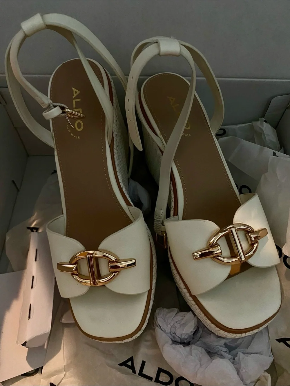 Aldo Ivory Wedge Sandals with Gold Chain Detail